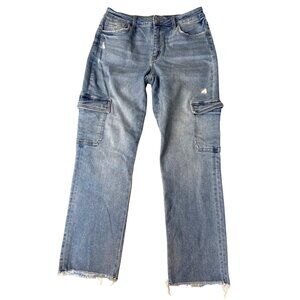 Flying Monkey Womens Distressed Straight-Leg Cargo Jeans Light Wash Frayed Hem S